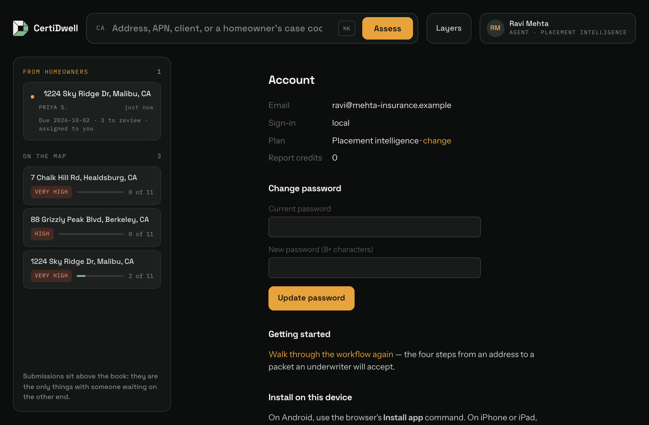 The Account page. Your sign-in method, current plan and credit balance at the top; password change and two-factor below.