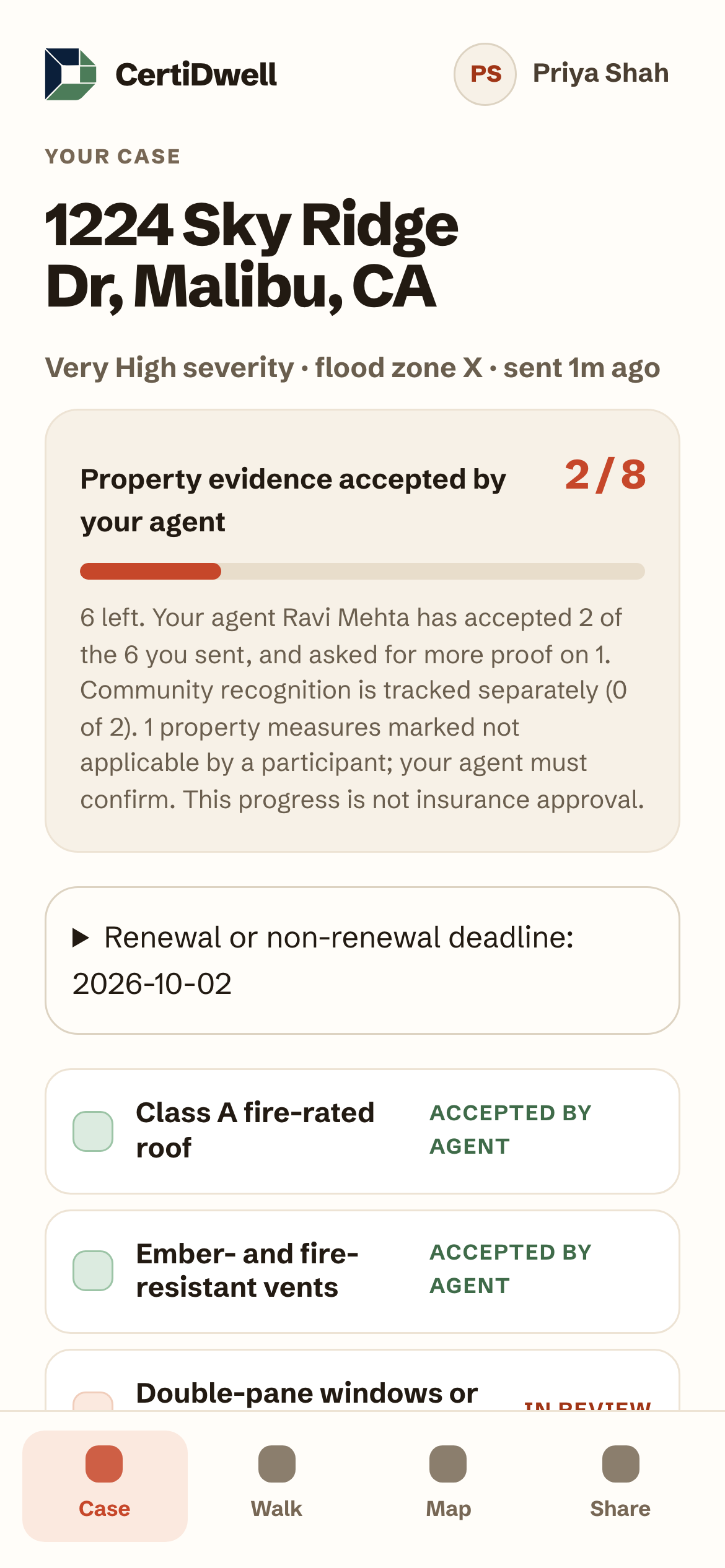 The Case tab. Every measure in the shared status words, the deadline you entered, and the way back into the walk.