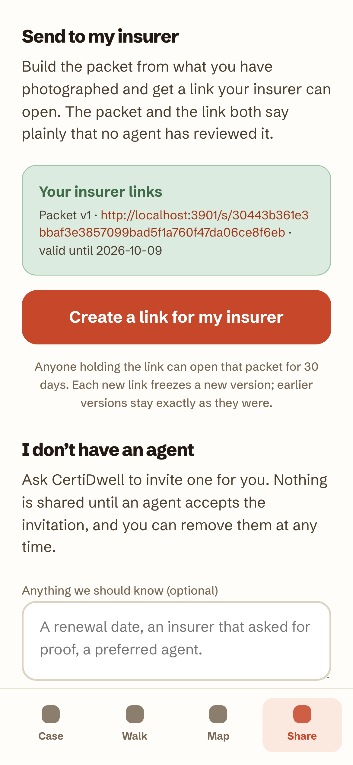 The Share tab with no agent. Below the held Send button: the insurer link you can make yourself, with the packet labelled as not agent reviewed, and the request for CertiDwell to find an agent.