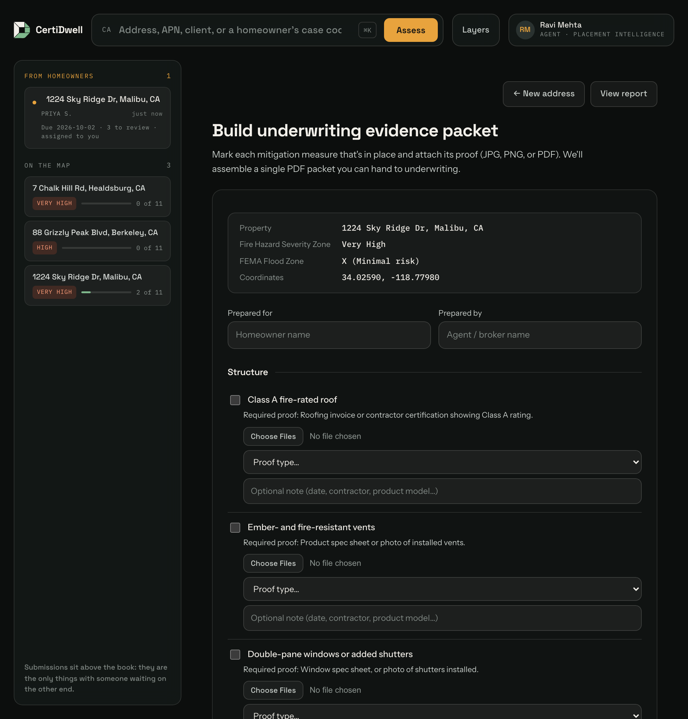 The evidence packet builder. The property summary is carried over from the report. Each measure has a tick box, a file picker, a proof-type dropdown and a note field.