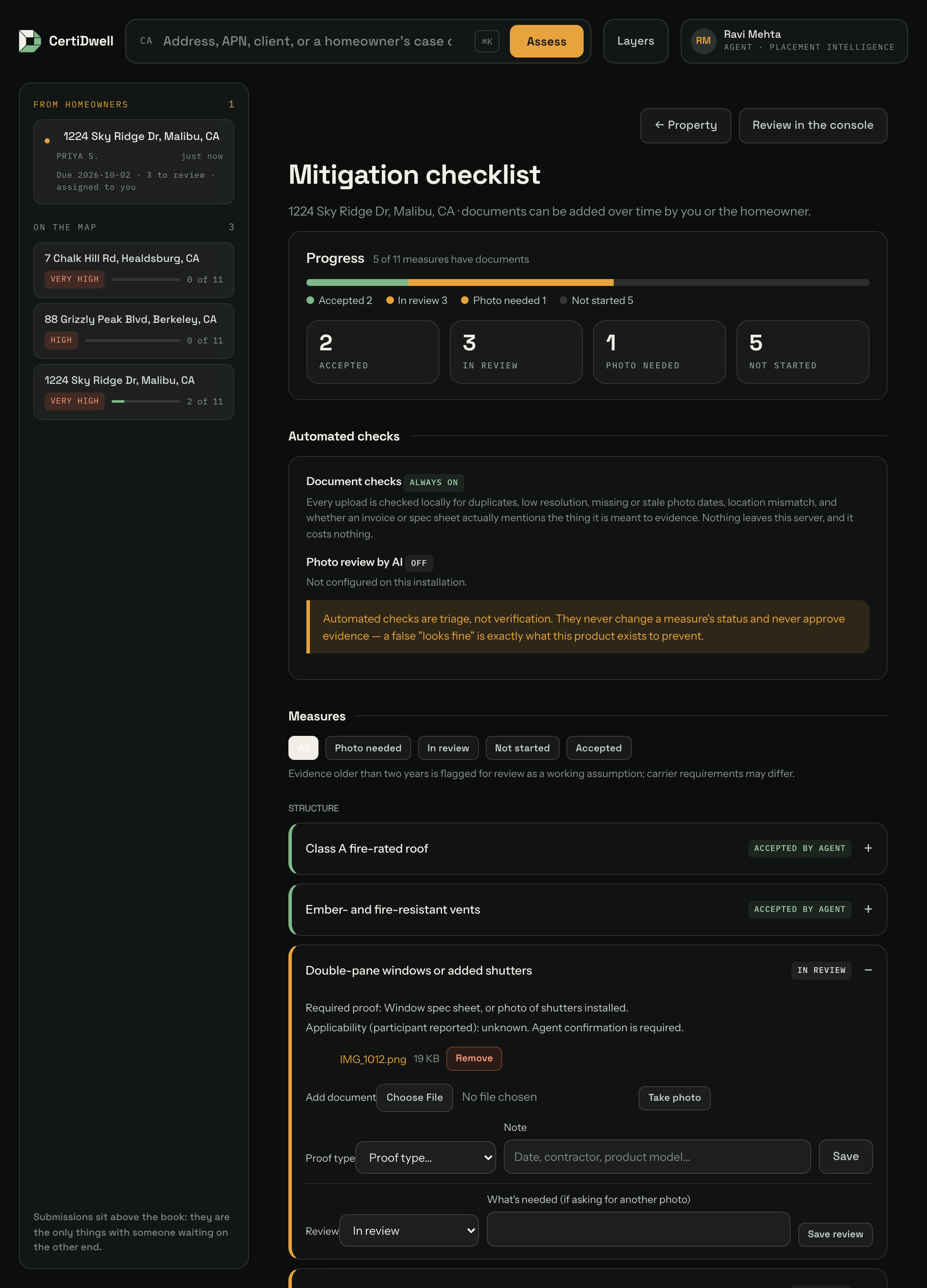 The mitigation checklist. Progress across the top, then every measure with its status, attached documents, and upload controls. Agents also get a review row.