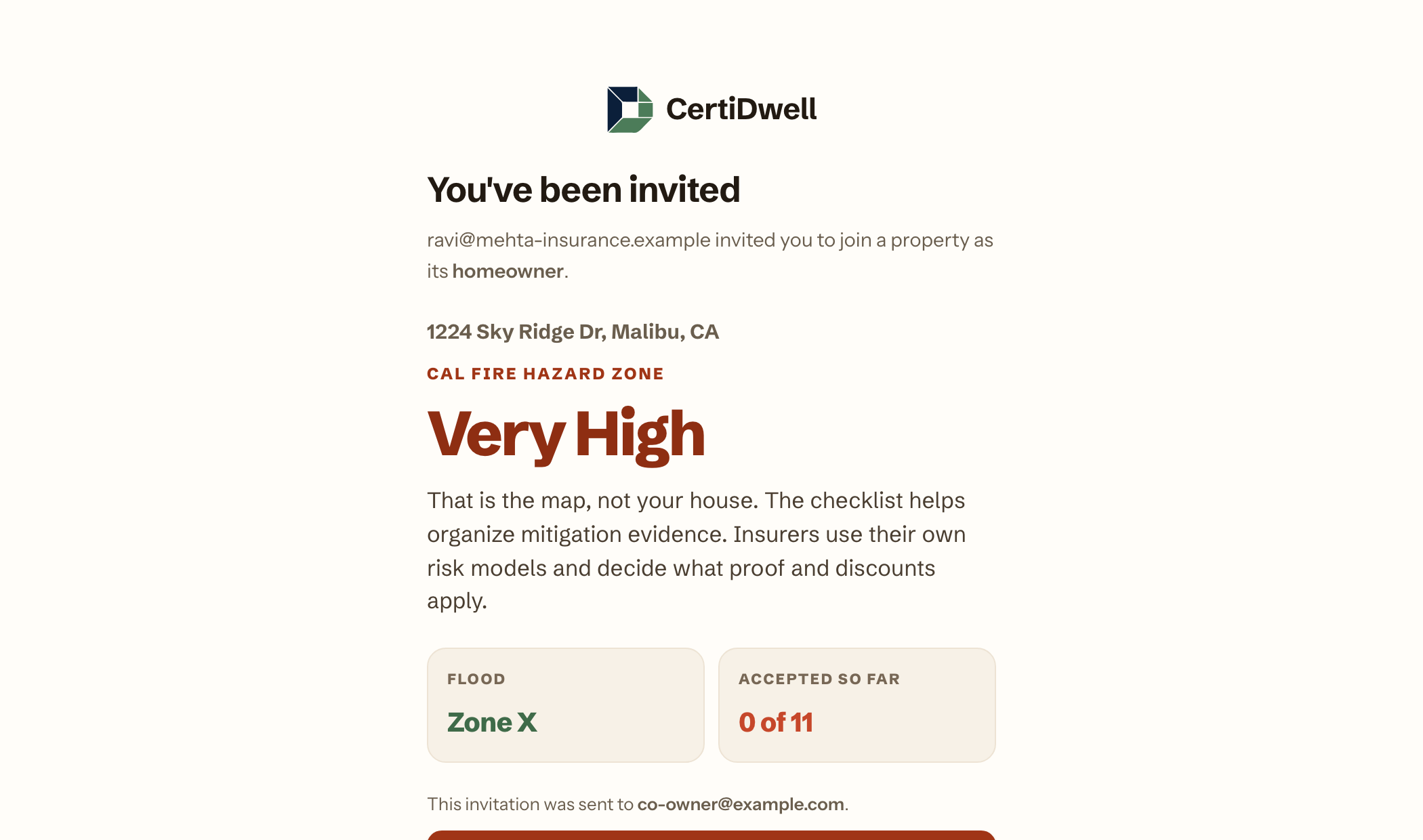 An invitation. It names who invited you, the property, and the role you are being invited as, before you agree to anything.
