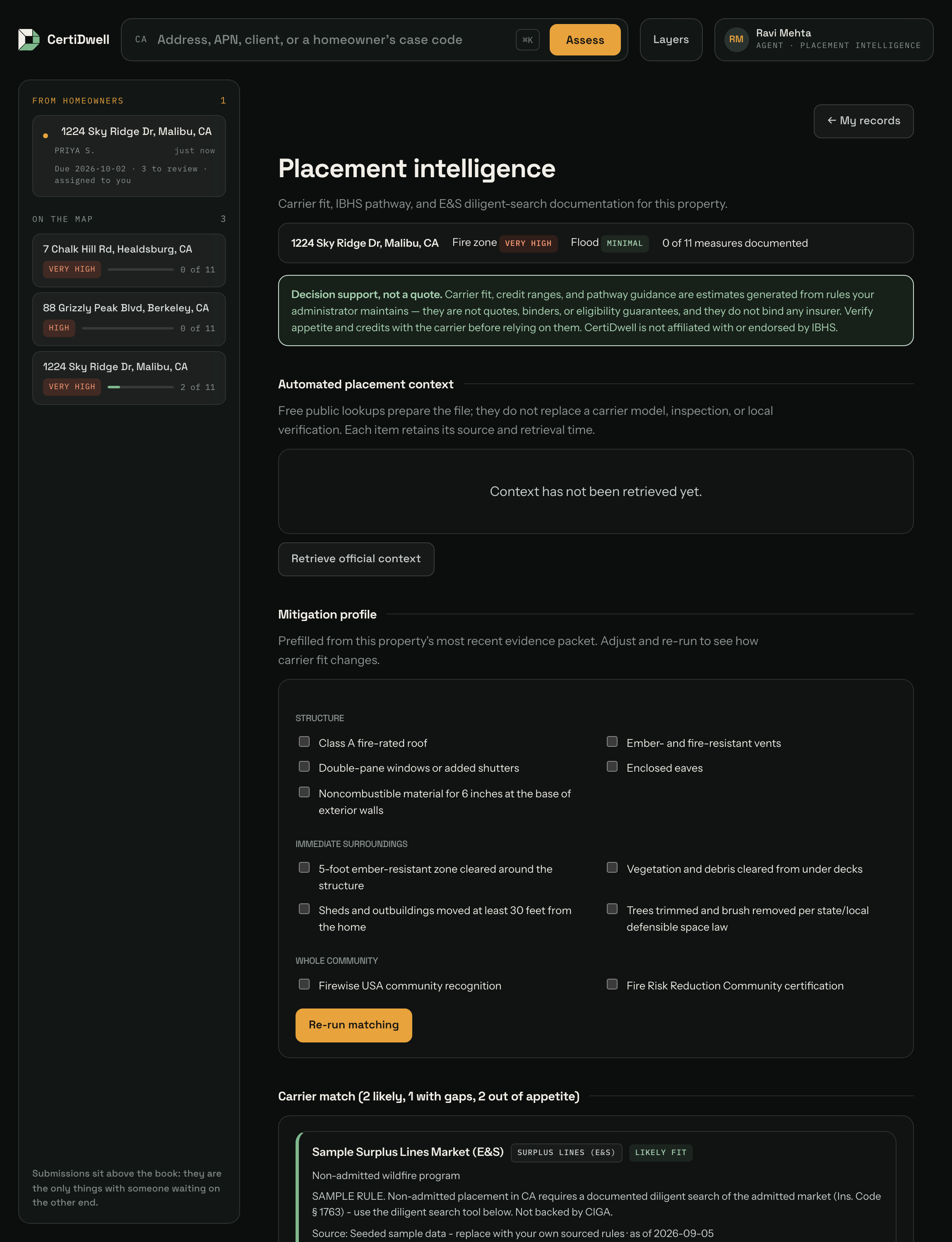 The placement workspace. Property summary and mitigation profile at the top, then carrier match, the IBHS pathway, evaluator referral, and the diligent-search tool.