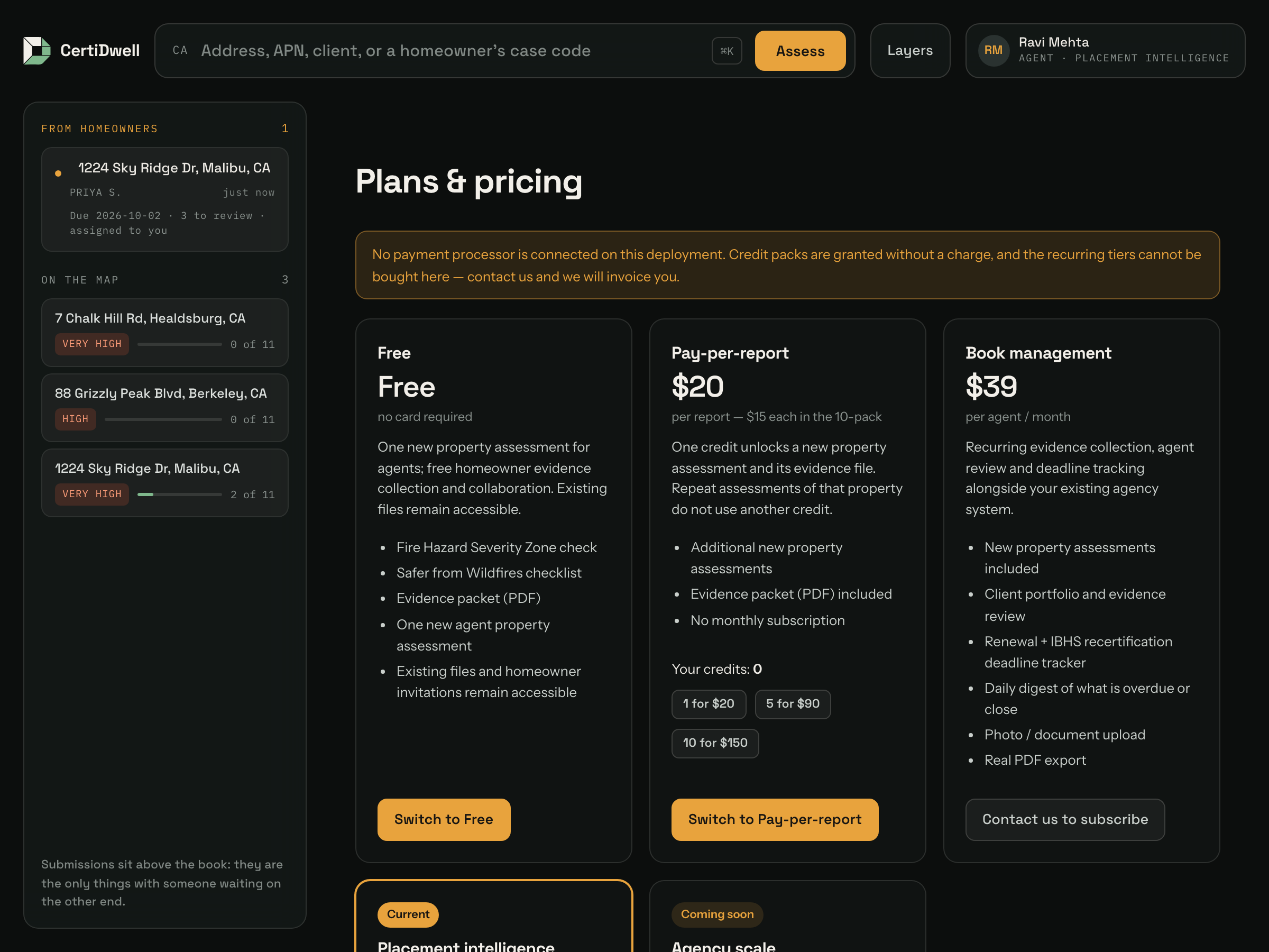 Plans and pricing. Tiers marked "Coming soon" cannot be selected; their button registers interest instead.