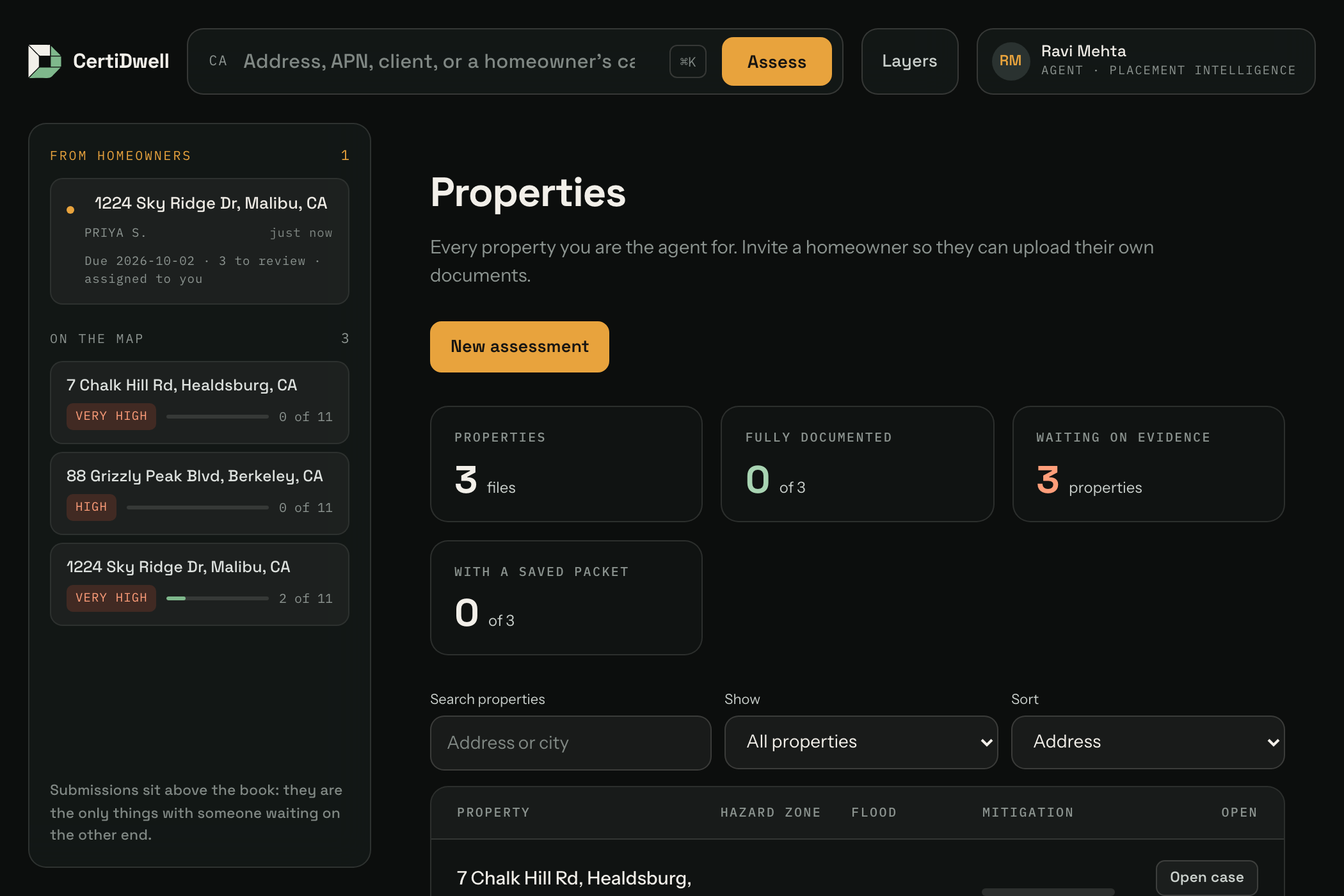 Your properties. Each shows its hazard zones, how many people are on it, and your own role. Generating a report for a new address adds it here automatically.