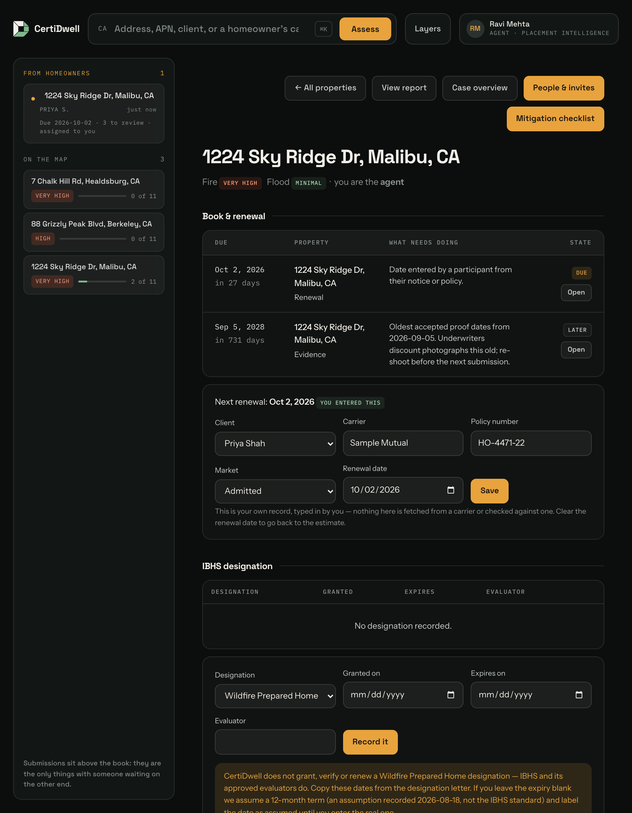 Inside a property. Participants, pending invitations with their links, manually-entered property details, the reports and packets for this address, and the consent record.