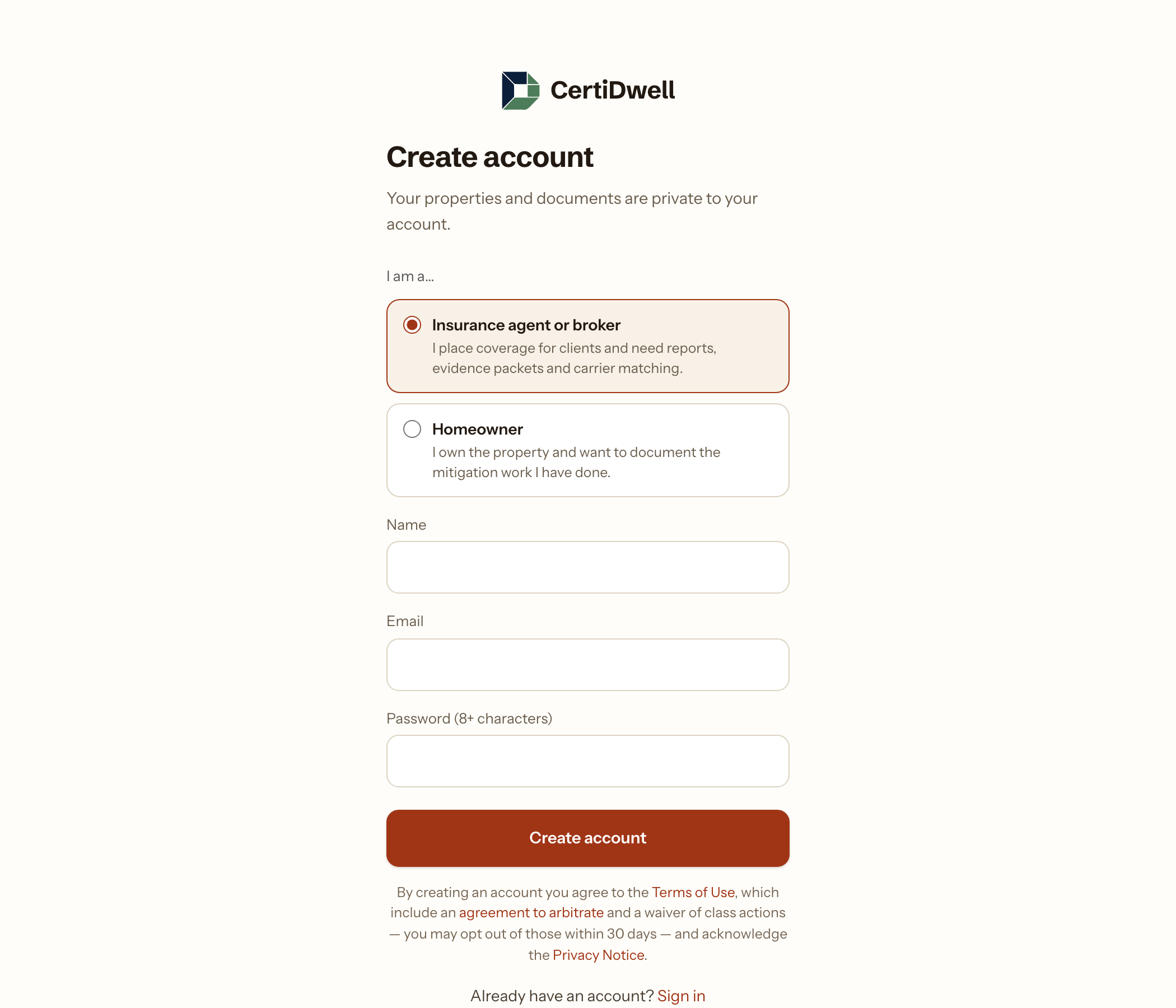 Creating an account. Pick the role that matches you. If your email has been listed as an administrator you get the admin role automatically, regardless of this choice.