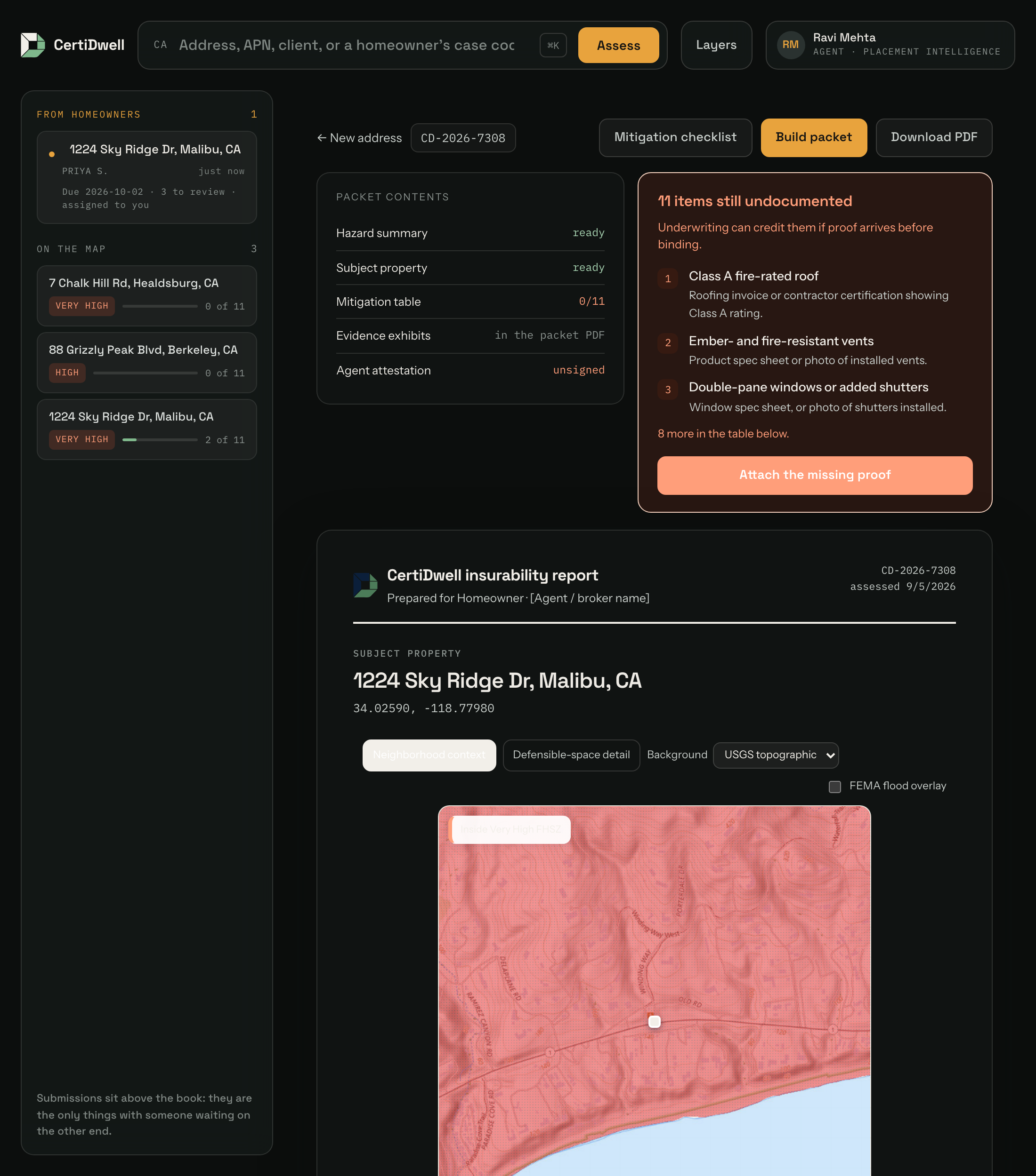 The property report. Hazard zones are colour-coded — Very High / High Moderate Minimal — followed by the full mitigation checklist and a signature block.
